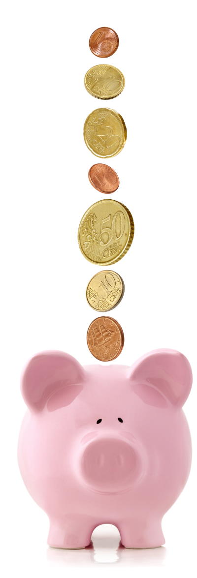 Euro coins falling into a pink piggy bank, isolated on white.